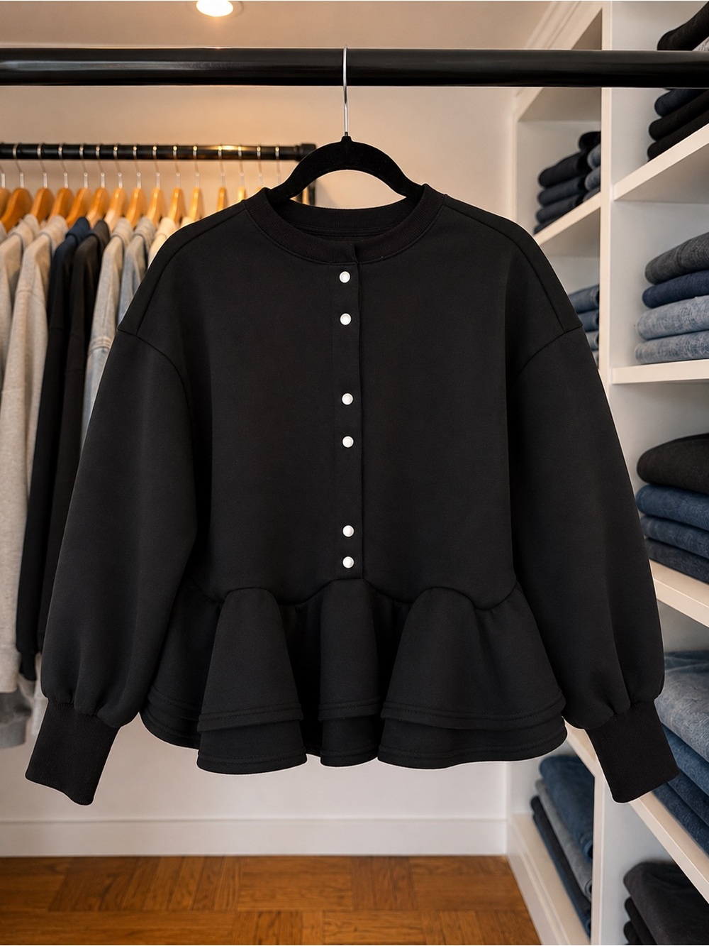 Black Peplum Sweatshirt | Scuba Knit Ruffle Hem Top | Elevated Casual
